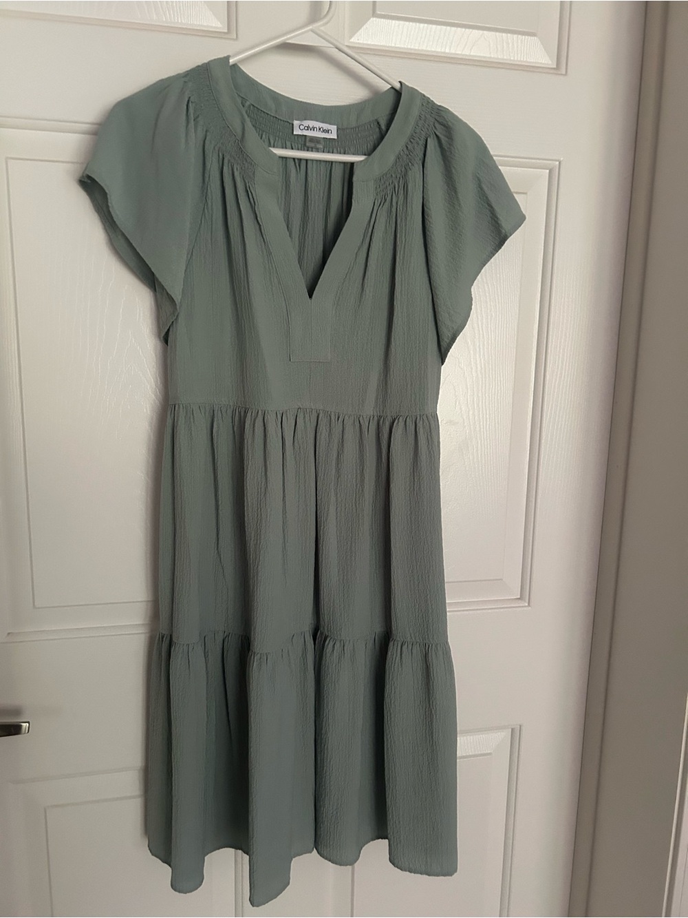 Calvin Klein Dusty Sage Tiered V-Neck Midi Dress